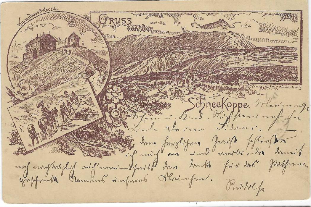 Germany (Picture Stationery)  1887 (14.8.) 5pf. card to Dresden entitled ‘Gruss von der Schneekoppe’ with brown images, tied Schneekoppe cds. A fine early card.