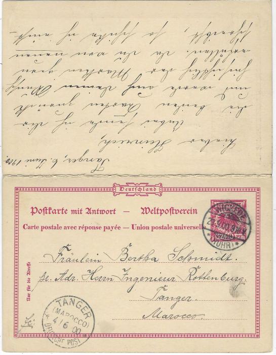Germany 1900 (29/5) reply postal stationery card without print figures, used from Wickede to Tanger, Morocco with arrival cds on outward card and reply card, the reply section with Tanger (Marocco) Deutsche Post despatch and arrival cds, both outward and reply with full message; fine condition.