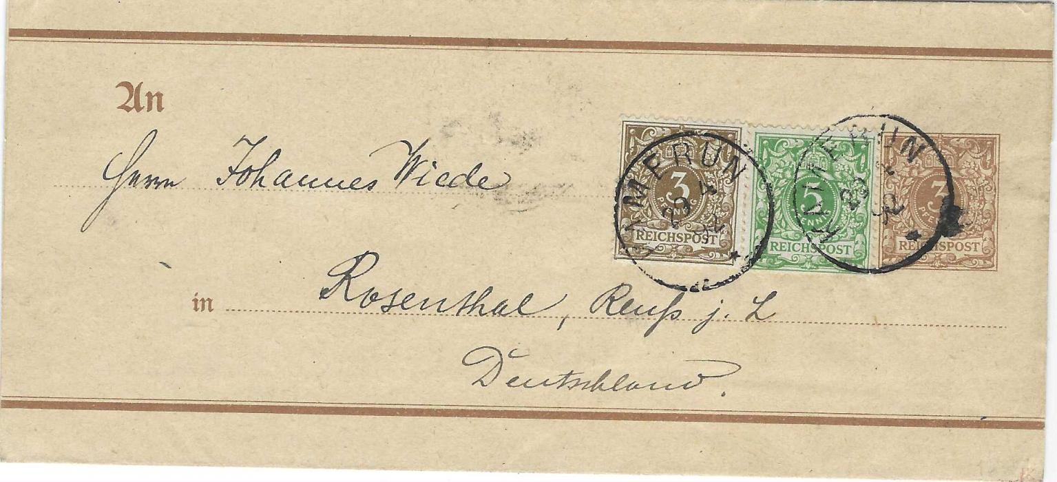 German Colonies (Kamerun) 1892 (29 4) German forerunner 3pf.  postal stationery wrapper to Rosenthal uprated 3pf. and 5pf. tied by two Kamerun cds, arrival backstamp; fine condition.