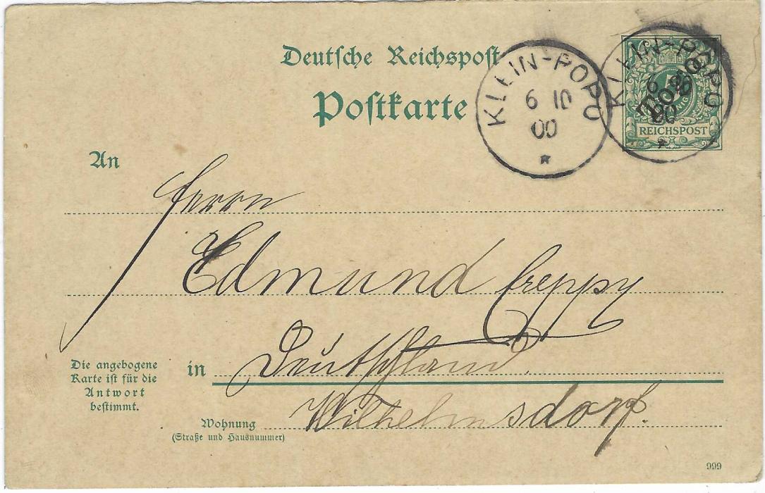 German Colonies (Togo) 1900 (6 10) 5pf. postal stationery card to Wilhemsdorf cancelled with two Klein-Popo cds; good condition.