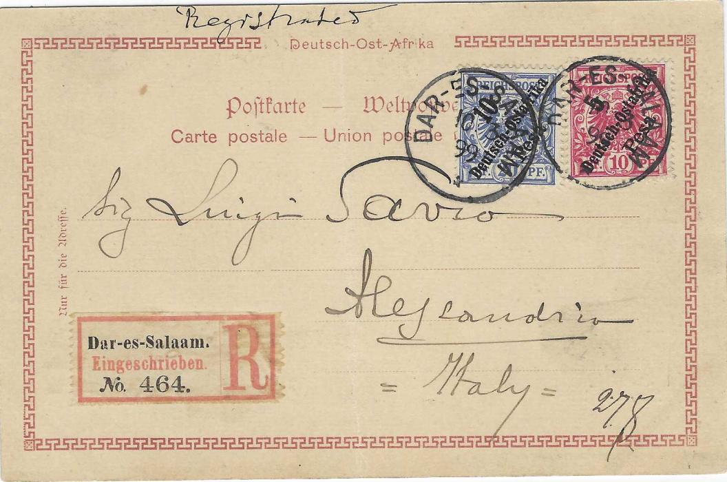 German East Africa 1899 (10/3) picture postcard sent registered to Alessandria, Italy franked 1896 5p. on 10pf. and 10p. on 20pf. tied by Dar-Es-Salaam cds; fine correctly rated card.