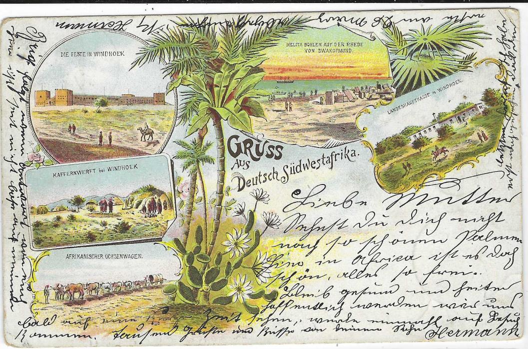 German South West Africa 1900 (7/5) ‘Gruss aus Deutsch Sudwestafrika’ multi image chromo-litho postcard used to Eilenburg, franked 1898 5pf. tied Hasis cds, a cancel only in used between 26.3. and 17.12.1900