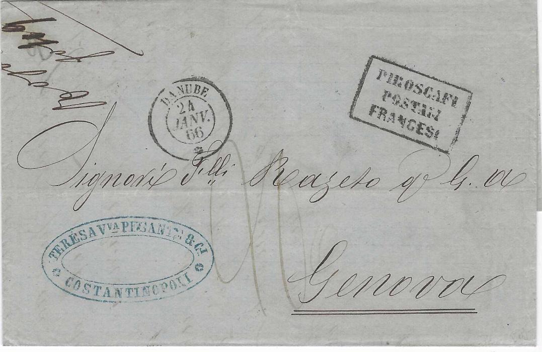 Italy (Incoming Mail) 1866 (24 Jan) outer letter sheet to Genova bearing Constantinople company chop, at top French maritime cds for ship Danube, framed entry PIROSCAFI/ POSTALI/ FRANCESI handstamp indicating French Packet, Messina transit of 28th and red framed arrival.