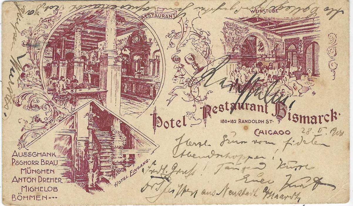United States (Advertising Stationery – Hotel) 1900 1c. stationery card to Oschatz, Germany uprated 1c. with some heavy toning with Chicago ‘Flag’ machine cancel, reverse with fine maroon illustration of ‘Hotel Restaurant Bismarck’.