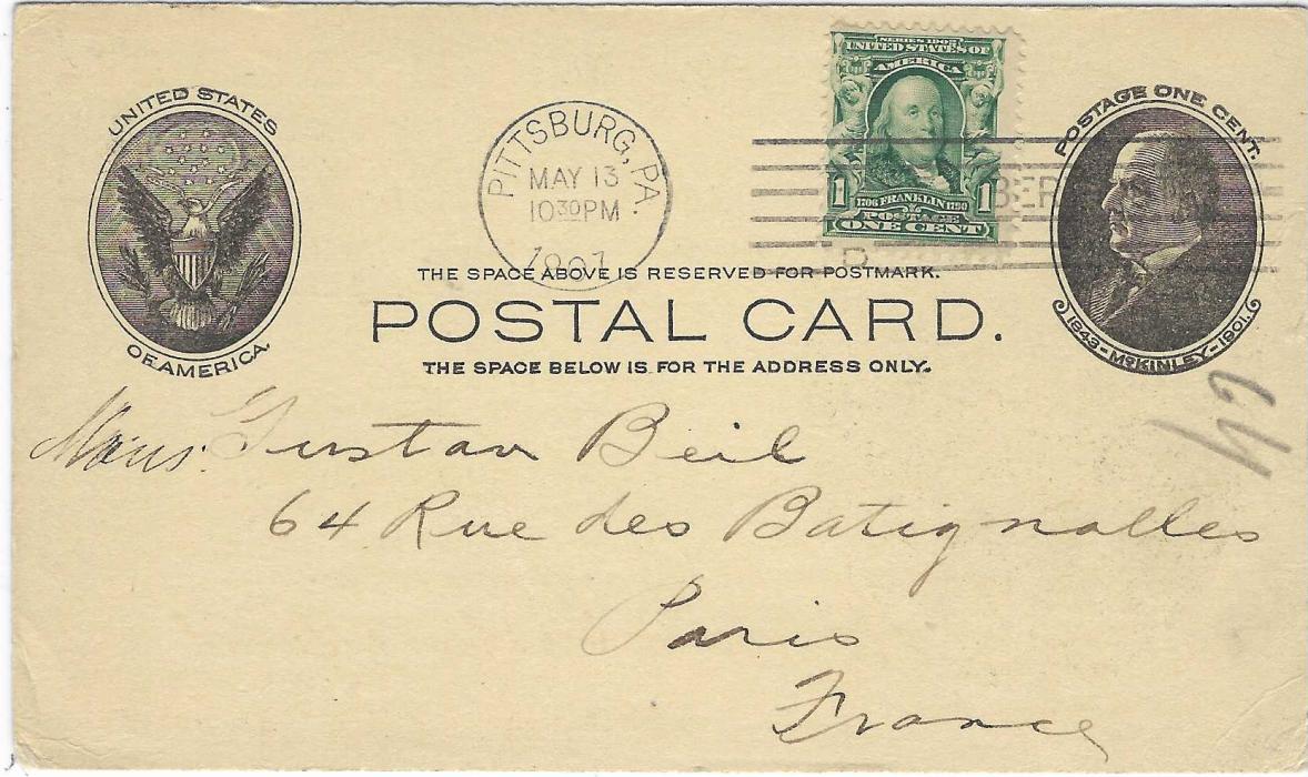 United States (Stamp Collector) 1907 1c stationery card uprated 1c. from Pittsburg to Paris with reverse bearing image of E. Doeblin, a candidate for President of the American Philatelic Association.