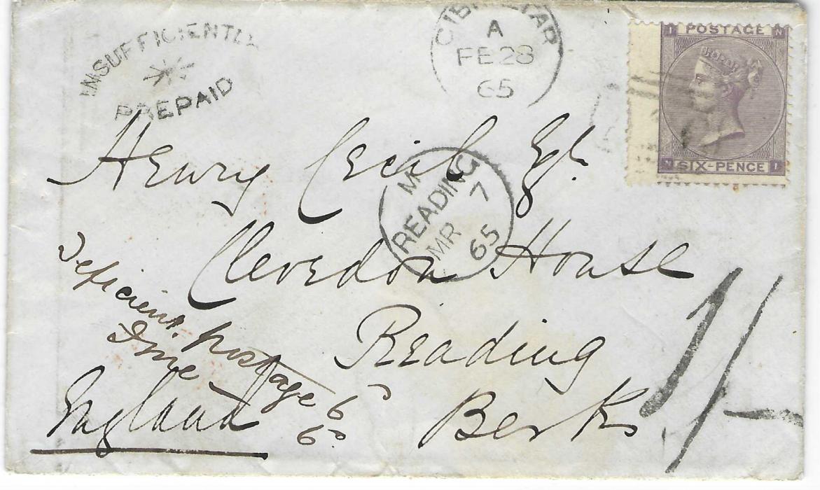 Gibraltar 1865 (FE 28) cover to Reading, underfranked with Great Britain 1862-64 6d. tied A26 obliterator. Underfranked with fine example of Insufficiently Prepaid handstamp, manuscript “Deficient postage 6d/ fine 6d” and ‘1/-‘ handstamp at right. The Insufficient handstamp had just been delivered to the Gibraltar Post Office in January 1865.