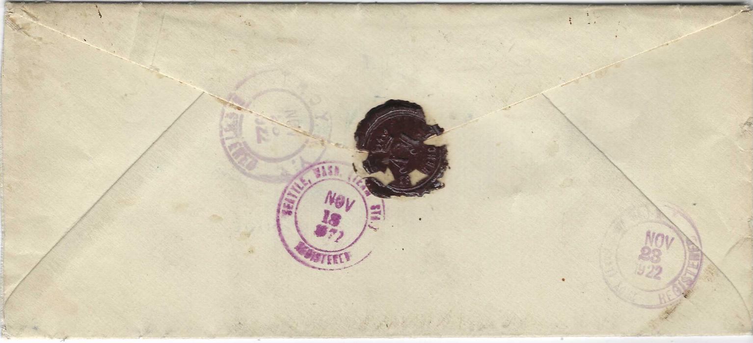 Russia (Priamur and Maritime Provinces) 1922 (1.11) registered cover to Troy, N.Y., USA franked Sept 1922 1k on 2k., 2k., 3k on 4k., 4k. and 10k. (2) plus two 15k. without frame, Vladivostok despatch cancels and both Cyrillic and English registration labels, reverse with Seattle transit and arrival cancel. 