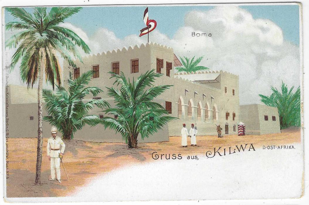 German Colonies (East Africa) 1898 5 Pesa on 10pf ‘Gruss aus Kilwa’ picture stationery card used from Kilwa  on 25/4/98 to Berlin with arrival cds at left; slight surface bumps at right.