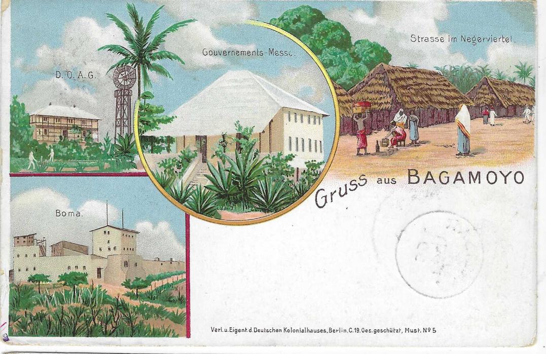 German Colonies (East Africa) 1898 5 Pesa on 10pf ‘Gruss aus Bagamoyo’  picture stationery card fresh used from Bagamojo, via Zanzibar to Berlin; good used example.