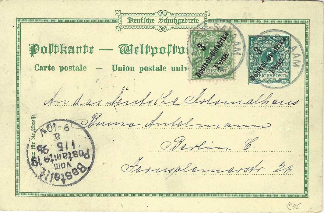 German Colonies (East Africa) 1898 3 Pesa on 5pf ‘Gruss aus Bagamoyo’  picture stationery card fresh used from Dar-Es-Salaam to Berlin uprated with further 3 Pesa on 5pf.; good used example.