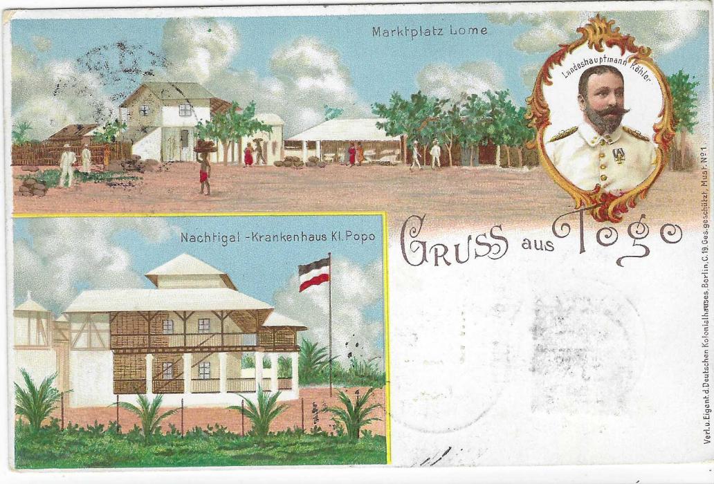 German Colonies (Togo) 1898 5pf Gruss aus Tog picture stationery card uprated with 5pf. to Berlin tied Lome Togogebiet cds; good condition.