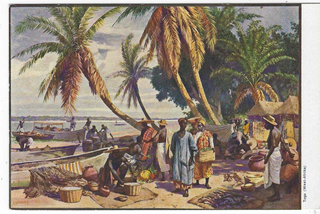 German Colonies (Togo) 1902 5pf. green picture stationery card depicting coastal market with fish seller; fine unused.