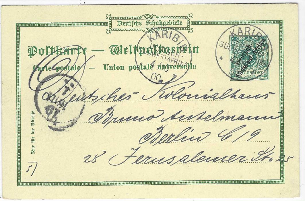 German Colonies (South West Africa) 1898 5pf picture postal stationery card ‘Gruss aus Windhoek’ addressed to Berlin with two Karibib cds of 4/10 00; good used condition.