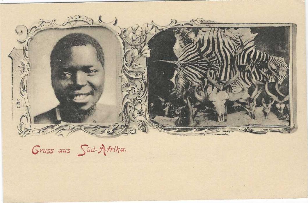German Colonies (South West Africa) 1897 hyphenated Deutsch-/ Sudwest-Afrika 5pf picture stationery card with double image of local and animal hides and skulls; fine unused.