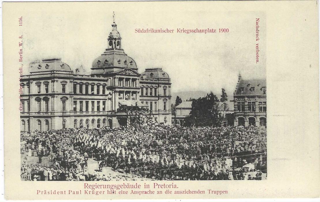 Germany (Picture Stationery) 1900 2pf grey card entitled ‘Sudafrikanischer Kriegsschauplatz 1900’ depicting President Kruger addressing the troops at Pretoria Government house; very fine unused.