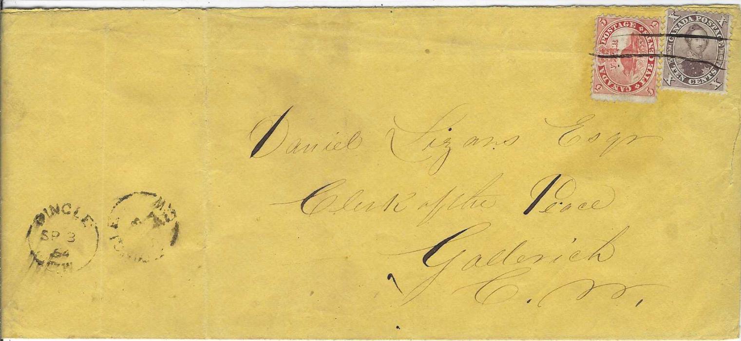 Canada 1864 (SP 3) cover from Dingle to Goderich, franked at 15c. triple rate with 1859 5c. Beaver and 10c Prince Consort tied by two pen strokes with despatch cds at lower left, transit and arrival backstamps; folded at left and minor marks, still much above average for such a franking
