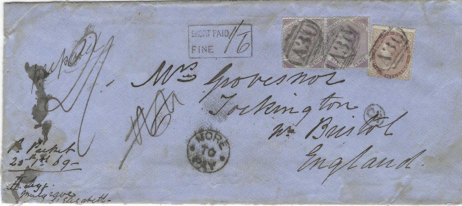Jamaica 1869 (21.1.)  cover to Bristol, endorsed “Pr Packet/... Musgrave, St Elizabeth” franked 1860 6d. deep purple pair and 1s. dull brown cancelled with A30 obliterator, Black River cds in association on reverse. Underpaid for the weight, the handstamp ‘SHORT PAID (1/-)/ FINE (6d)’ applied at Kingston and circular ‘MORE TO PAY’ on arrival in England, small circular framed ‘CH’ of Bristol inspector; a little ink staining at left and slight damage to envelope in bottom left corner. Ex Hugh Wood.
