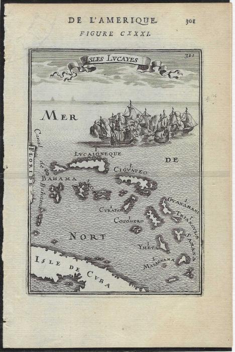 Bahamas 1683 black and white map by Moreton Black entitled Isles Lucayes showing islands above Cuba and to East of Florida, Illustration 123 x 142mm.