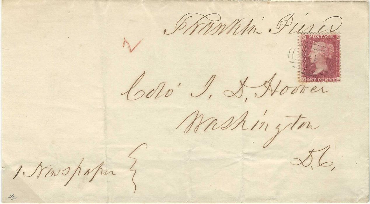 Bahamas 1860 (March 17) newspaper rate wrapper from Nassau to  Washington D.C. franked Great Britain perf 14 1d,, GL tied by ‘A05’ obliterator in black with double arc BAHAMAS on reverse, signed at top by ex-President “Franklin Pierce” for free franking privilege within the U.S.A. Crayon ‘2’ (cents) presumably not collected in deference to the es President (1853-57). A very rare rate and stamp used on an historic cover. Fragile state with some splitting. BPA Cert (1993). Ex ‘Staircase’ Spink 1999 and H. Wood.