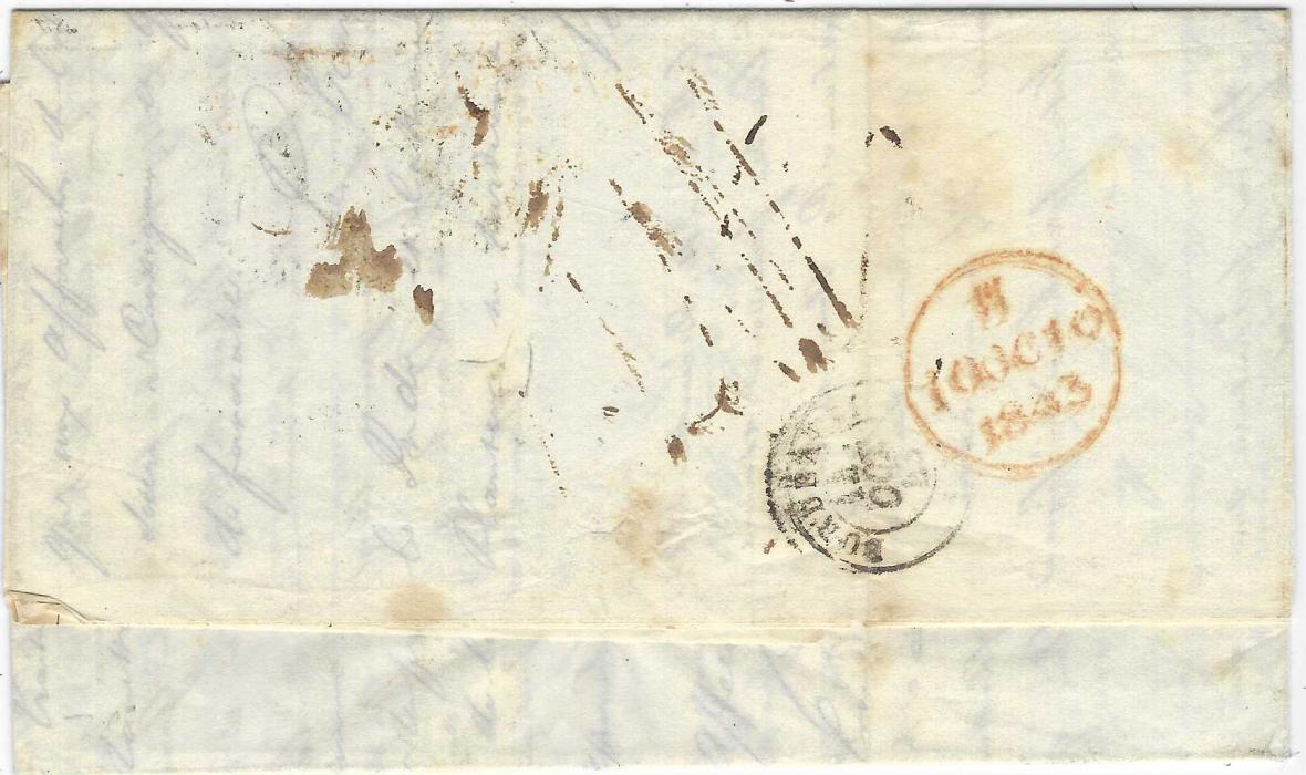 Mauritius 1845 (JY 10) entire to Bordeaux bearing black double circle MAURITIUS POST OFFICE date stamp, struck with the red boxed COLNIES/ &C. ART 12 accountancy handstamp of the first period and erroneously struck with SOLDIER & SEAMANS LETTER/ 4/ BY SHIP alongside that has been crossed out, manuscript “20” decimes charge due on arrival and deleted “8” decimes, reverse with London transit and arrival cds. Ex. V. Chand