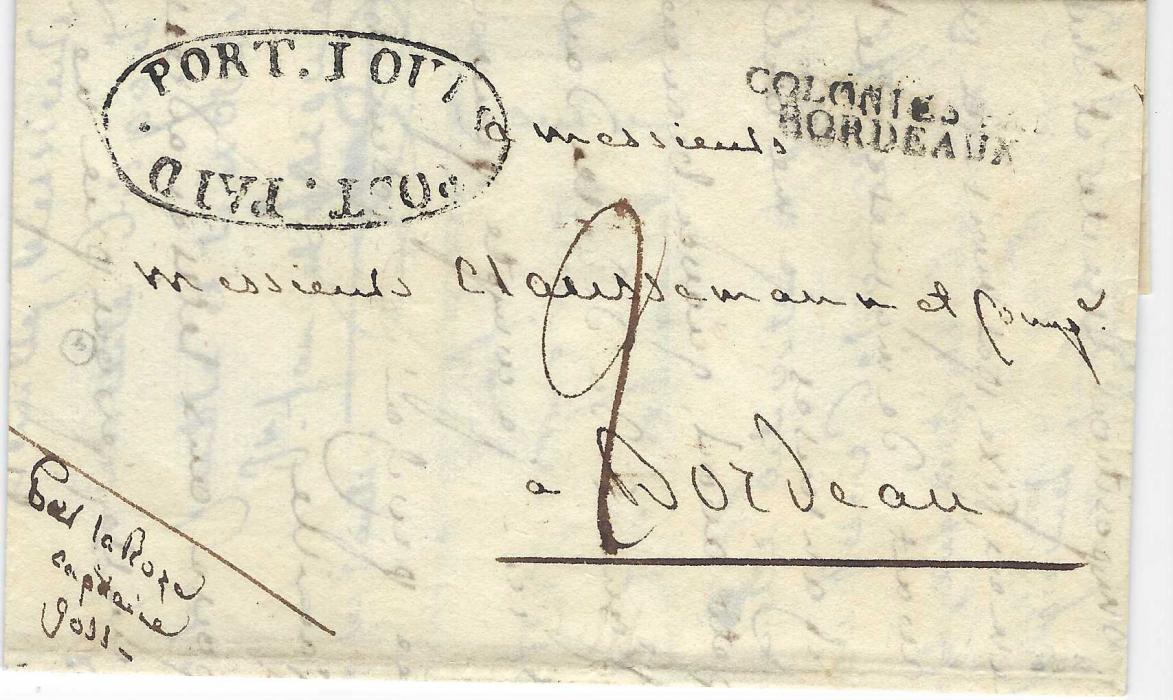 Mauritius 1817 (March 20th) entire letter bearing good strike of oval-framed PORT LOUIS Post Paid handstamp, endorsed “Par La Roze/ captaine/ Goss” and “2” decime charge on arrival, COLONIES PAR/ BORDEAUX port of entry handstamp.