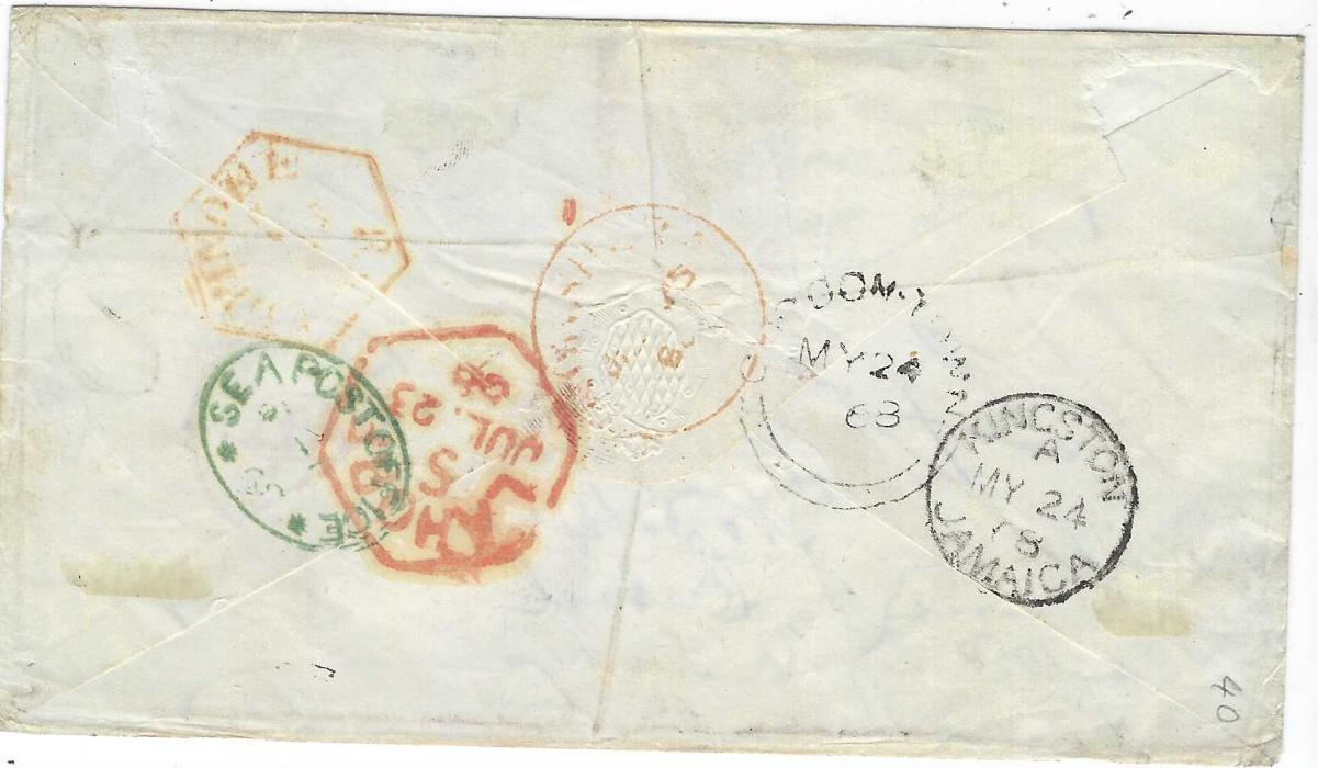 Jamaica 1868 (24 May) cover from Major Kent correspondence  addressed to ‘77th Regiment, Nowshera, Cabul, India”  (Afghanistan) franked 2d. (damaged at left) and 6d.(strip of three) cancelled by ‘A02’ obliterators routed via London, rated “1/4”and handstamped ‘1d’, reverse with Gordon Town despatch, Kingston transit (MY 24) green oval SEA POST OFFICE date stamp, hexagonal Lahore (Jul 23) and red arrival cds; some toning around perfs not detracting from a fine item. Ex H Wood.