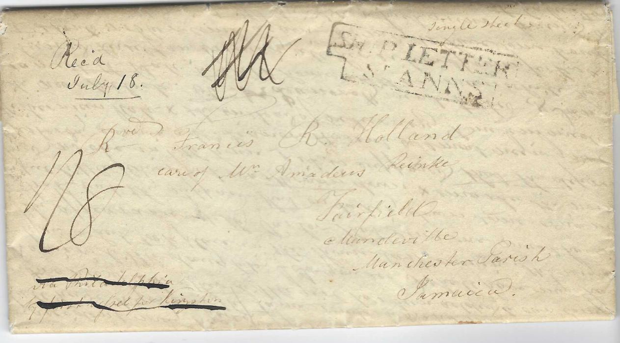 Jamaica 1845 (4th June) thick entire from Columbia, South Carolina, USA via Philadelphia via private ship, rated “1/6” for a double Ship Letter rate plus inland postage from St Ann’s to Mandeville of 2d. for a total charge of “1/8”, showing the only recorded ‘SHIP LETTER/ St ANNS’ handstamp that is not recorded in foster but in Proud SL1. Ex H. Wood