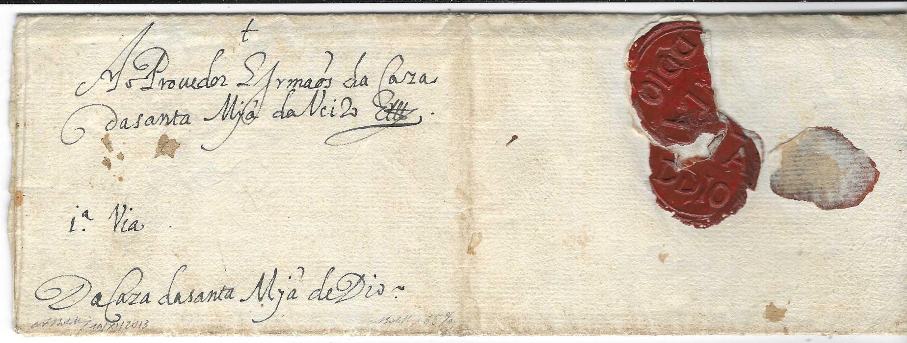 India (Portuguese Mail) 1628 (20th October) entire from the Mission of Diu, on the north-west coast to the Mission headquarters at Avaeiro, Portugal concerning the granting of an Inheritance, with two red wax seals of ‘MIA DDIO’ (Misericrdia Da Diu). Mail could take a year to arrive, normally travelling in December to take advantage of winter monsoons to arrive in Europe in June of the following year, at the top of letter the recipients note from 1629, the second page shows signatures of members of the Brotherhood of Diu. Extensive Bolaffi certificate. 