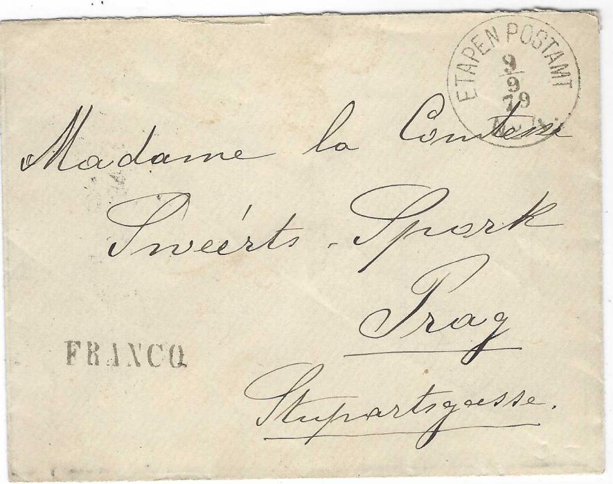 Bosnia Herzegovina 1879 (9/9) stampless military cover from  Ljubinje to Prag bearing ETAPEN POSTAMT No 4 cds on front together with straight-line ‘FRANCO’ , reverse with No.5 transit of Stolac, Sarajevo FPO transit and Feldpost Expositur No.7 transit of Donji Vakuf plus arrival cds; fine condition.