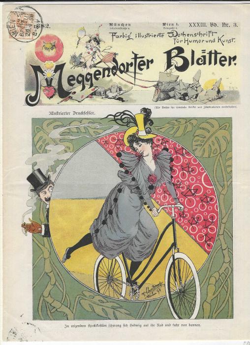 Austria 1890s front page of colour magazine ‘Meggendorfer Blatter’ with a fine image of a lady on a bicycle, franked at top left with 1Kr Newspaper Stamp (three margins) and cancelled Wien cds.