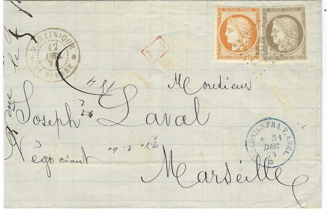 Martinique 1874 pair of outer letter sheets to France, 11 Mars to Bordeaux bearing mixed issue franking of General Colonies 1871-72 Laureated Napoleon 30c.  (three margins) and 1871-76 Ceres 40c. (3 singles with touched margins) tied MQE lozenges and a 12 Dec to Marseille with Ceres 30c. and 40c. (Touched margin on one side). The first via French maritime and endorsed “Paquebot”, the latter via British mails with blue Colonies Fra. V. Angl. Cds.
