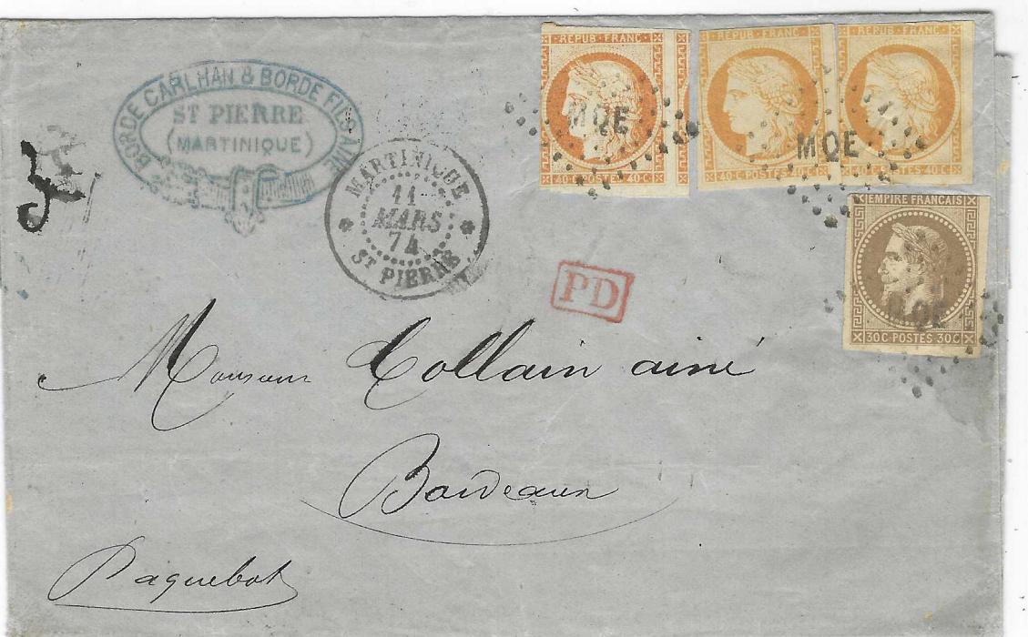 Martinique 1874 pair of outer letter sheets to France, 11 Mars to Bordeaux bearing mixed issue franking of General Colonies 1871-72 Laureated Napoleon 30c.  (three margins) and 1871-76 Ceres 40c. (3 singles with touched margins) tied MQE lozenges and a 12 Dec to Marseille with Ceres 30c. and 40c. (Touched margin on one side). The first via French maritime and endorsed “Paquebot”, the latter via British mails with blue Colonies Fra. V. Angl. Cds.