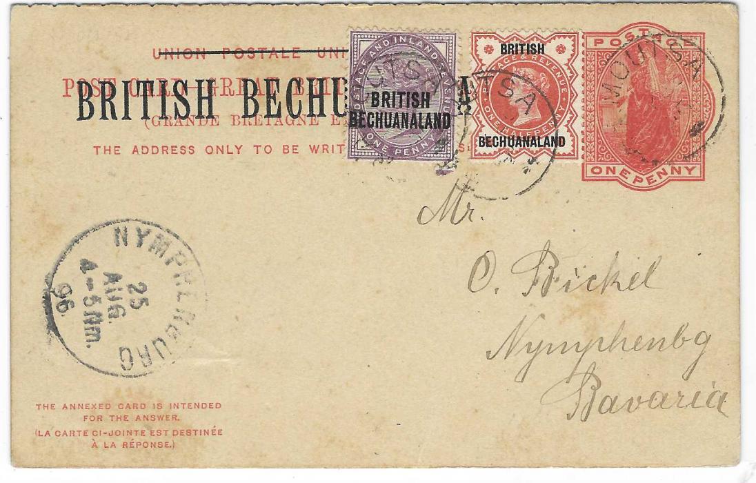 Bechuanaland Two 1896 (22 July) British Bechuanaland overprinted stationery card, both addressed to ‘Otto Bickel’ in Bavaria, a single ‘Three Half Pence’ surcharged card uprated with 1d. lilac and a plain 1d. reply card uprated ½d. Jubilee and 1d. lilac, both paying the 2½d. rate, both sent from Ramoutsa.