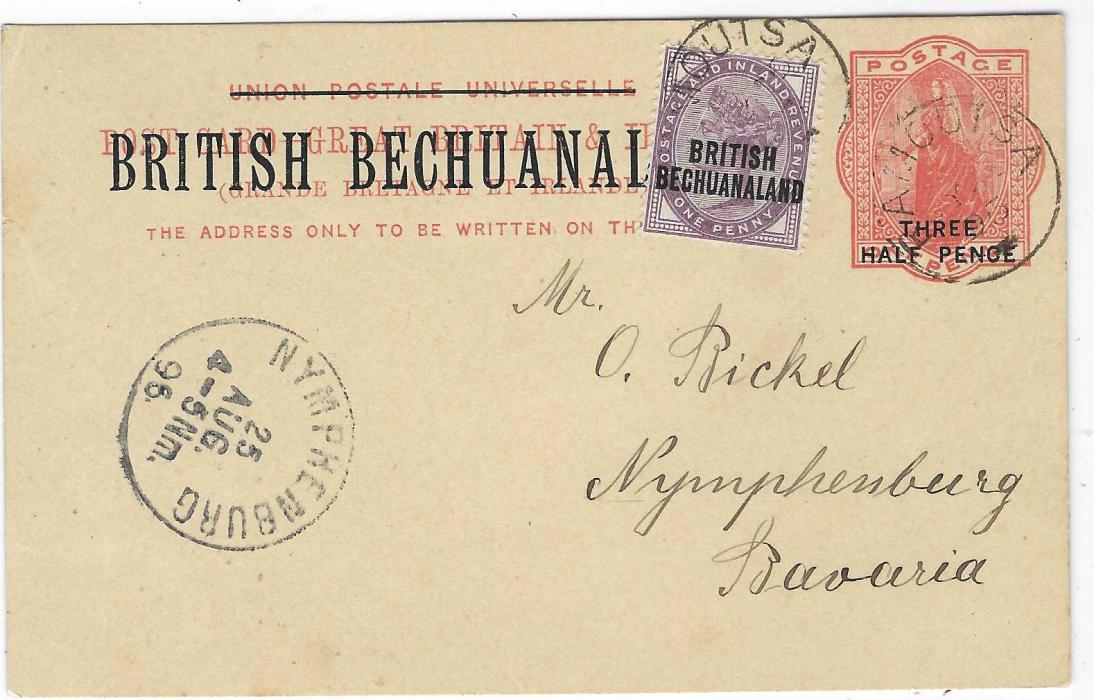 Bechuanaland Two 1896 (22 July) British Bechuanaland overprinted stationery card, both addressed to ‘Otto Bickel’ in Bavaria, a single ‘Three Half Pence’ surcharged card uprated with 1d. lilac and a plain 1d. reply card uprated ½d. Jubilee and 1d. lilac, both paying the 2½d. rate, both sent from Ramoutsa.