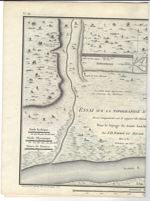 Greece (Olympics) 1780 Map of ancient Olympic site from a book ‘Pour le Voyage du Jeune Anacharsis’, a fictional work abouth the travels of the Scythian sage Anacharsis in Greece in the middle of the 4th Century, written by Jacques Barthelemy and published in 1788; with vertical fold