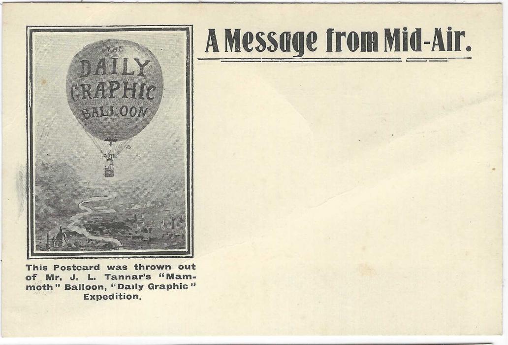 Great Britain 1907 Daily Graphic Balloon flight card from London, the balloon descended near Tosse, Sweden on Oct 12th. This card was thrown overboard immediately before descent and posted by the finder at Mellerud back to UK with framed T handstamp and 2d. charge raised in UK. Also with an unused card and a postcard sized photo inscribed in Swedish showing crowd around balloon; good to fine condition.