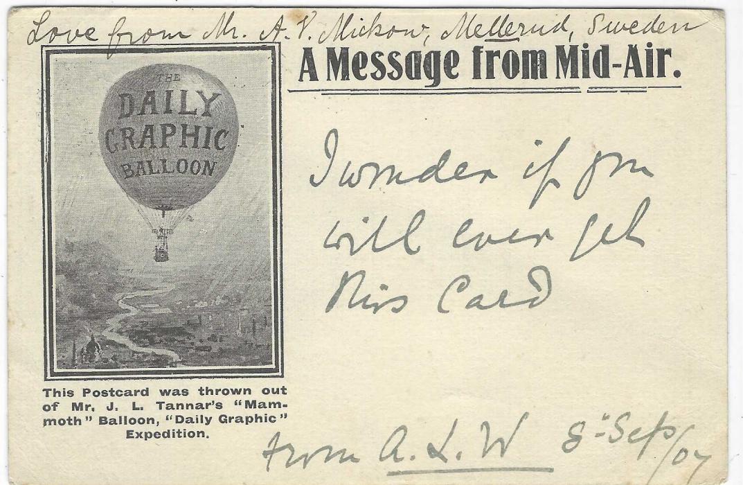 Great Britain 1907 Daily Graphic Balloon flight card from London, the balloon descended near Tosse, Sweden on Oct 12th. This card was thrown overboard immediately before descent and posted by the finder at Mellerud back to UK with framed T handstamp and 2d. charge raised in UK. Also with an unused card and a postcard sized photo inscribed in Swedish showing crowd around balloon; good to fine condition.