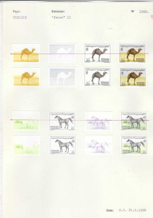 Tunisia 1968 and 1969 Fauna sets in 79 progressive, finished and rejected imperf proofs on Courvoisier archival pages with 1968 5m Golden Jackal, 8m. Crested Porcupine including two groups of five in final unissued colour, 20m Fennex Fox with two sets, the first with brighter yellow rejected plus 60m. Wild Boar with unissued colour. 1969 set with 10m. Dromedary Camel, 40m  Horse, 15m Dorcas Gazelle with two unissued colours and two sets of 25m Hedgehog. The unissued colour group have been erased with red line, the colour differences are generally quite minimal. A unique item.