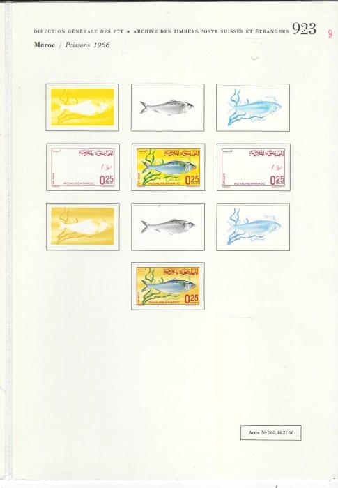 Morocco 1965-66 group of 61 Courvoisier imperf progressive and finished proofs for Marine Life series  including Crustaceans in groups of five plus 40c Mantis Shrimp with four different colour bodies in unissued colours resulting in four unissued colour final proofs, fish set of three with two groups of 25c, one with unissued yellow-orange shade and Shells values in groups of five. A fine and unique item. 