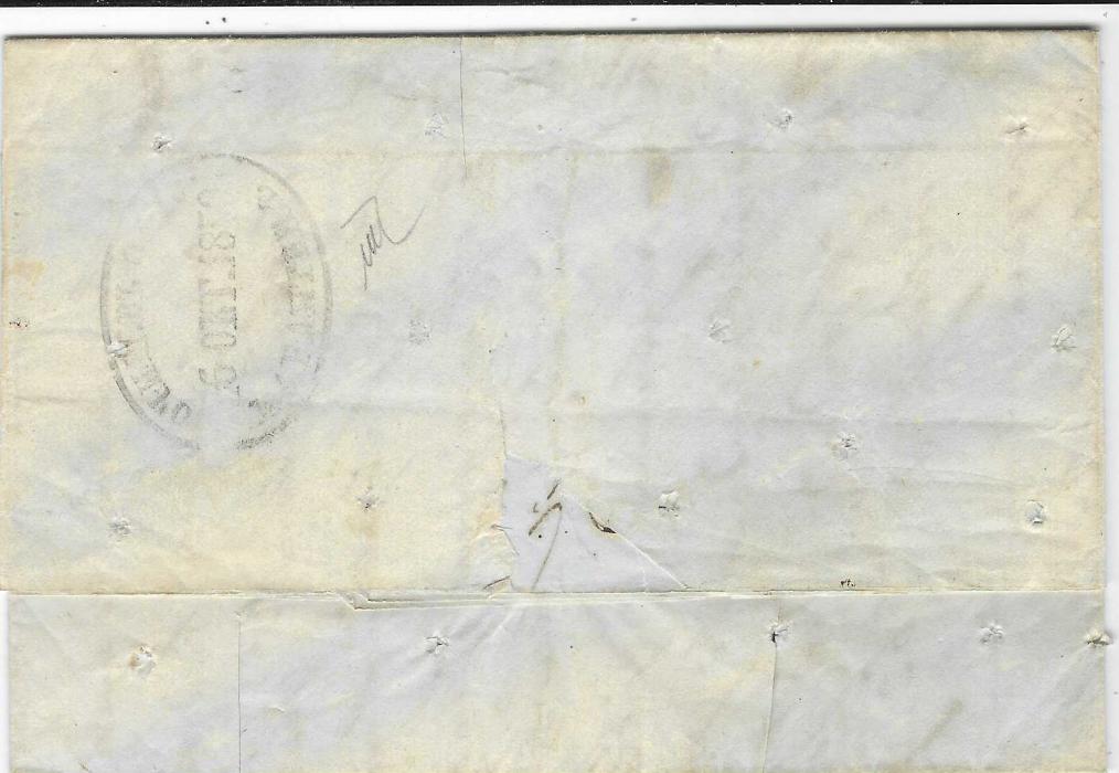 Russia (Disinfected Mail) 1850 (Aug 10) entire from Naples to Odessa, disinfected on arrival by rastel punching and slits to the side with Cyrillic cachet ‘Clean in the Odessa/ 6 Oct 1850’; fine.