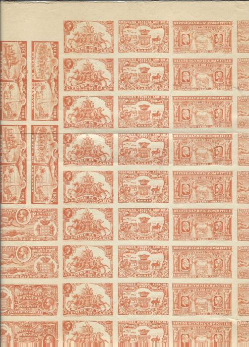 Monaco (London 1908 Olympics) 1908 Monaco composite imperf proof sheet for various advertising/Exposition vignettes. The sheet in dull orange-brown with 71 item including four for ‘Nice Carnival’, two for Motor Boat Running and two for an Exhibition of Motor Boats, vertical column of nine, Paris Fair, Agricultural show and British Olympic Committee, four  columns for Monaco Car Expo in two different designs. Heavy vertical and horizontal fold causing some splitting, also a couple of small tears and faults. These vignettes for 1908 Olympics are the only philatelic related items that mention the Games. A rare item.