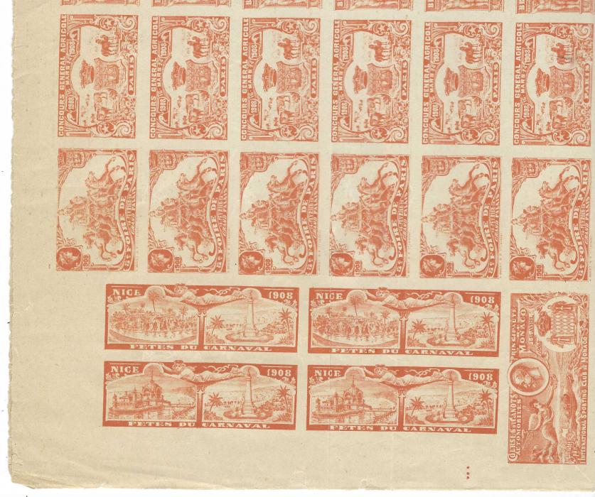 Monaco (London 1908 Olympics) 1908 Monaco composite imperf proof sheet for various advertising/Exposition vignettes. The sheet in dull orange-brown with 71 item including four for ‘Nice Carnival’, two for Motor Boat Running and two for an Exhibition of Motor Boats, vertical column of nine, Paris Fair, Agricultural show and British Olympic Committee, four  columns for Monaco Car Expo in two different designs. Heavy vertical and horizontal fold causing some splitting, also a couple of small tears and faults. These vignettes for 1908 Olympics are the only philatelic related items that mention the Games. A rare item.