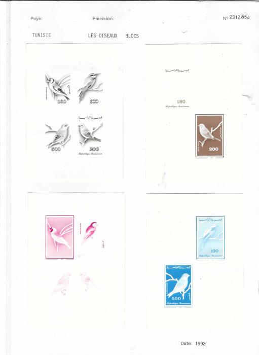 Tunisia 1992 Birds set of four and miniature sheet in progressive and finished imperf proofs ex Courvoisier archive with four single colour proofs and the finished proof with all colours for both stamp set and miniature sheet, the sheet though with six different colours. A fine and unique assembly stuck down on the company’s archive pages.
