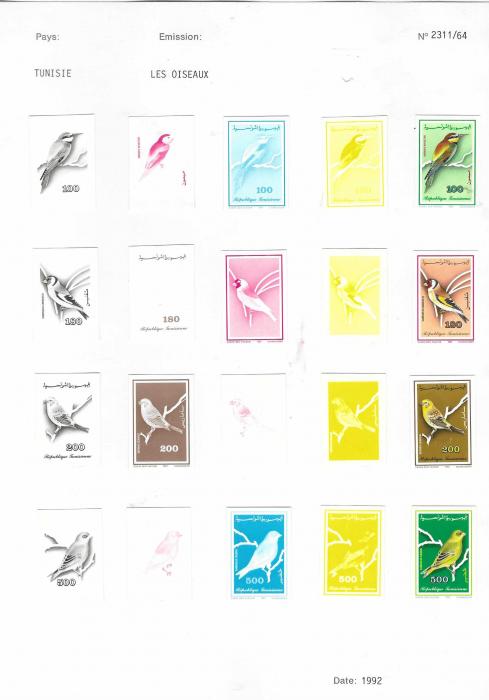 Tunisia 1992 Birds set of four and miniature sheet in progressive and finished imperf proofs ex Courvoisier archive with four single colour proofs and the finished proof with all colours for both stamp set and miniature sheet, the sheet though with six different colours. A fine and unique assembly stuck down on the company’s archive pages.