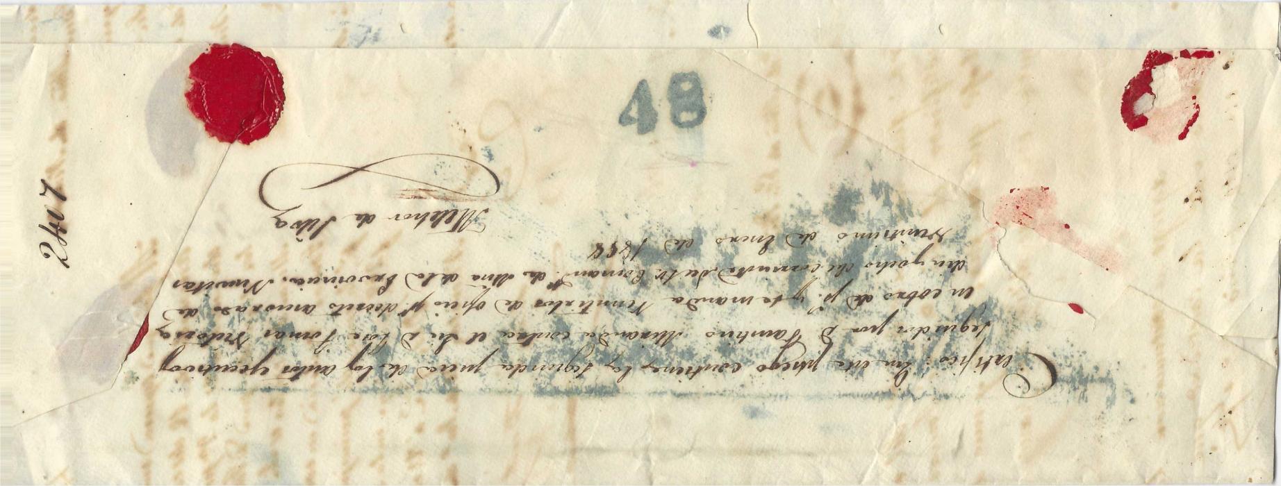 Cuba 1858 large outer letter sheet, 300 x 115mm,from ‘Comandancia/ De Marina/ De/ Nuevitas to Puerto Principe, bearing blue despatch cds and oval grill handstamp with, on reverse, handstamped ‘48’ charge in same ink.
