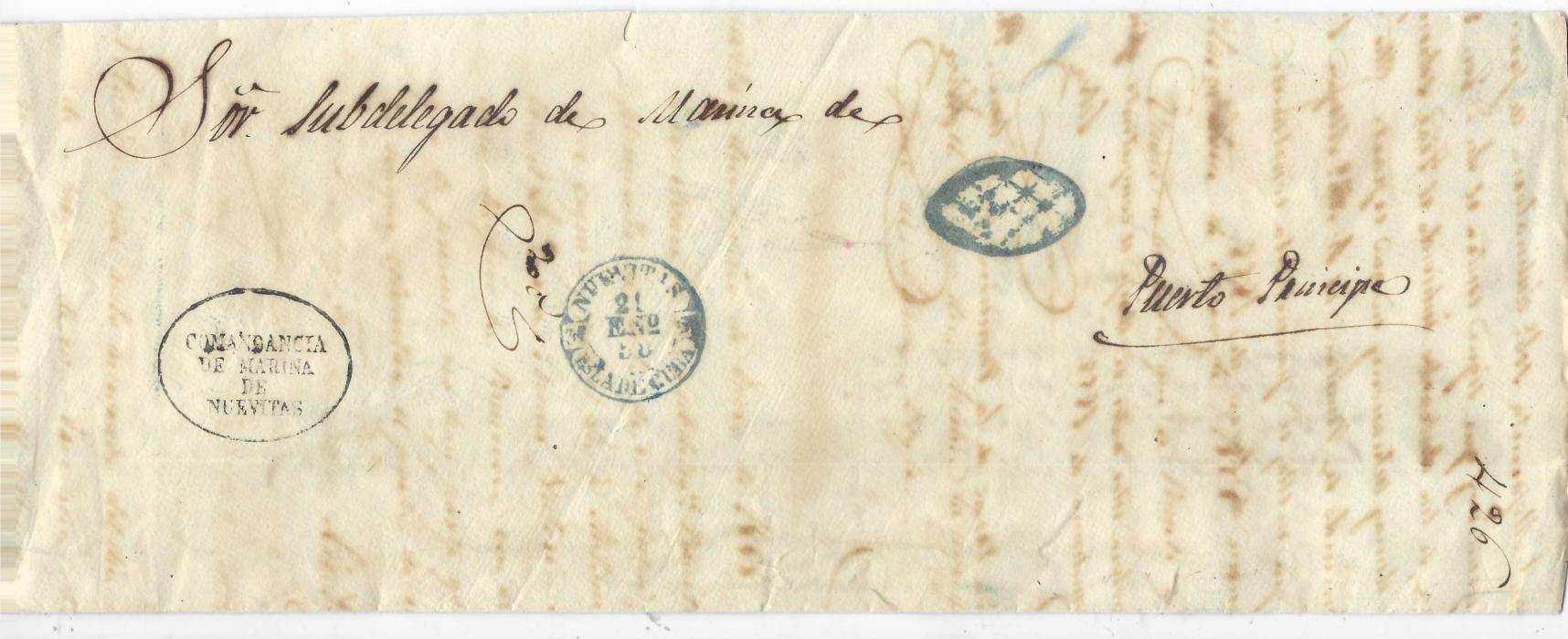 Cuba 1858 large outer letter sheet, 300 x 115mm,from ‘Comandancia/ De Marina/ De/ Nuevitas to Puerto Principe, bearing blue despatch cds and oval grill handstamp with, on reverse, handstamped ‘48’ charge in same ink.