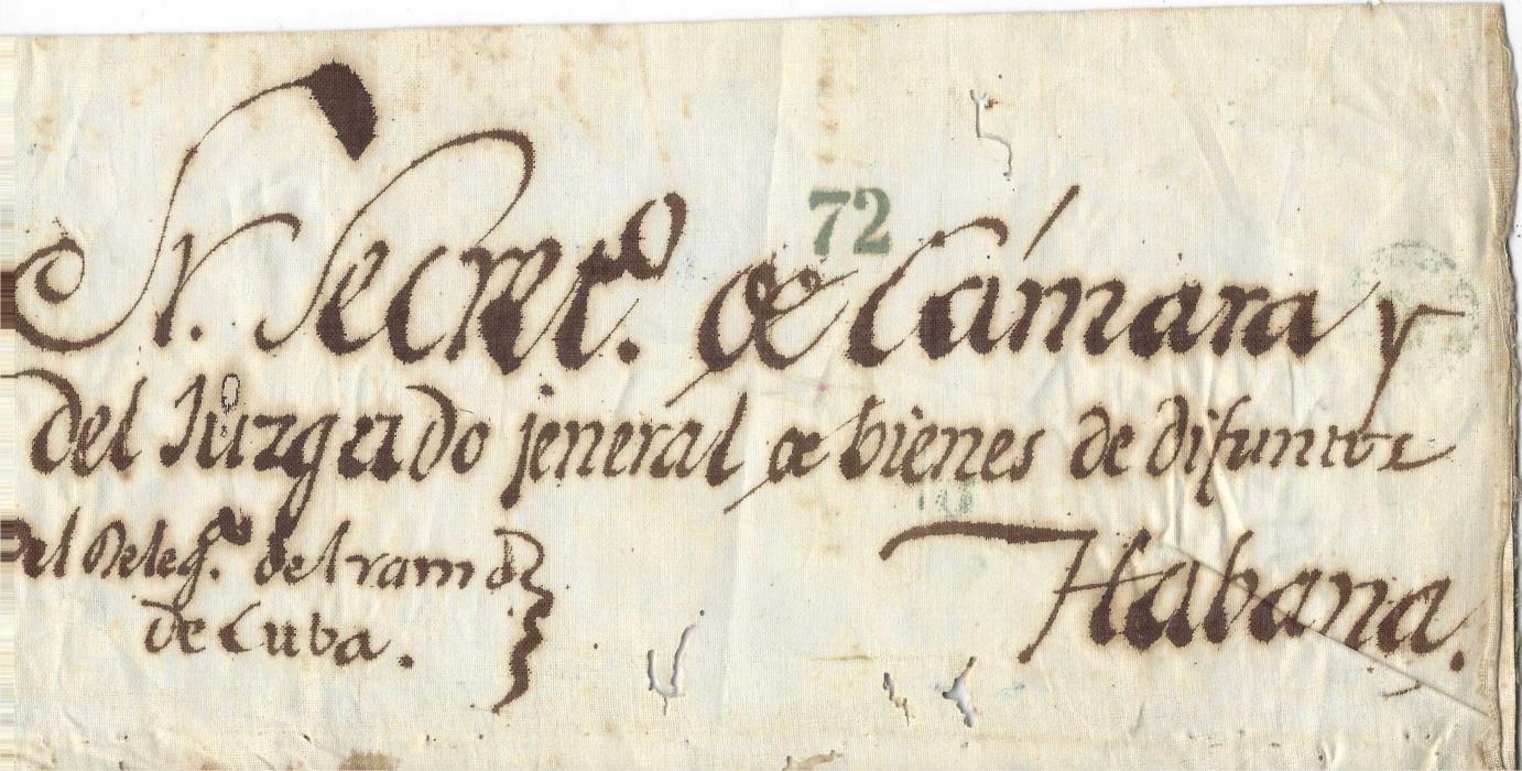 Cuba 1857 large linen sack 312 x 155mm with paper affixed with address cancelled blue MAYARI Isla De Cuba cds with high rating ‘72’ handstamp on front; some worm holes through bag.