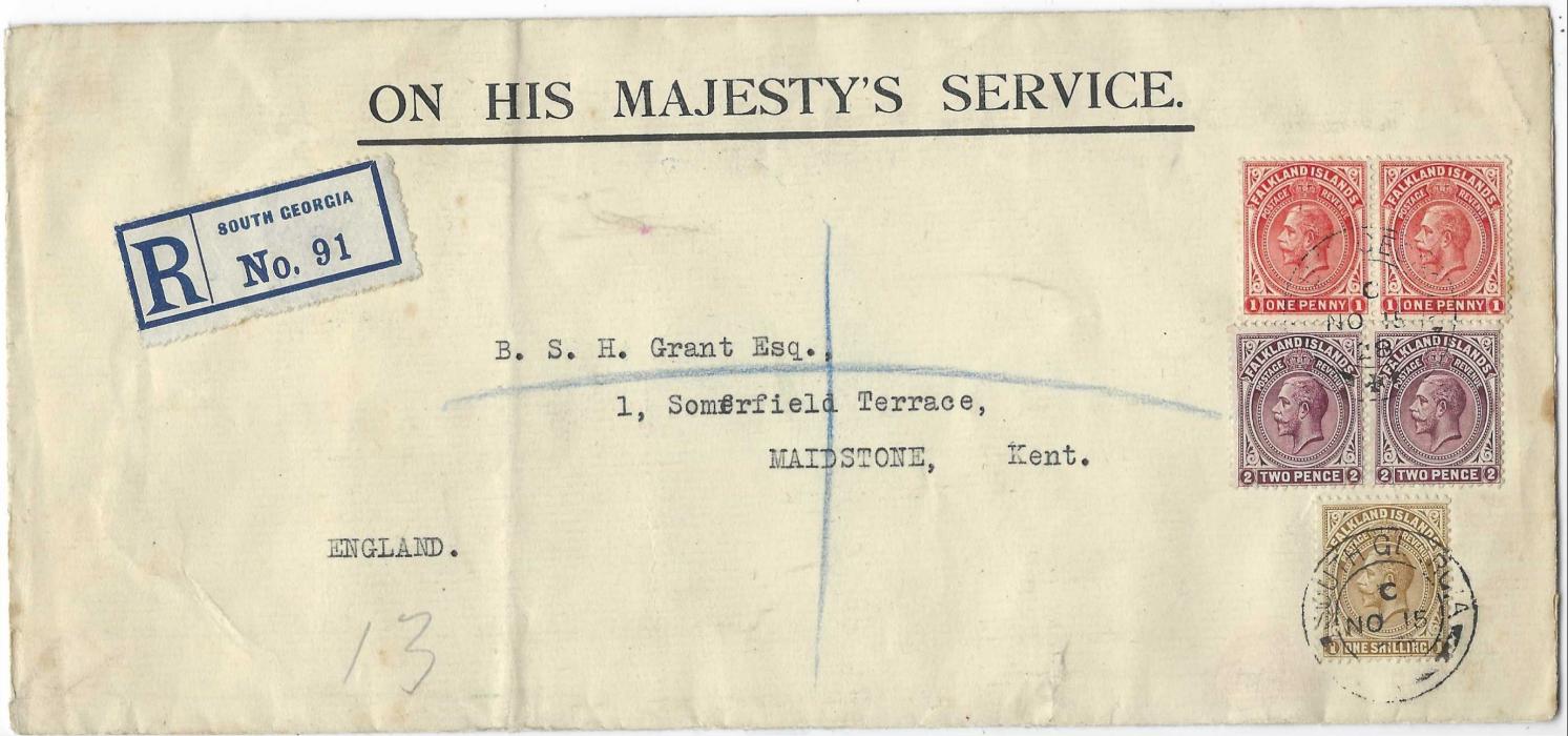 Falkland Islands 1928 (NO 15) ‘ON HIS MAJESTY’S SERVICE’ registered cover to England franked KGV 1d. and 2d. pairs plus a 1s. cancelled two SOUTH GEORGIA date stamps, registration etiquette at left, reverse with London transit and Maidstone Kent arrival cds.