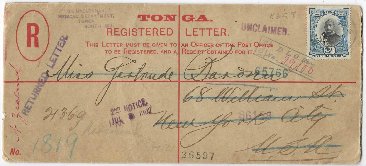 Tonga 1902 (April) 4d registered stationery envelope, size H2, additionally franked 2½d. King George II tied by unclear cds, addressed to New York, reverse with Registered Auckland transit 3 May, various Dead Letter Office and other instructional handstamps of New York, fine violet Dead Letter Office N.Z. cds on return.