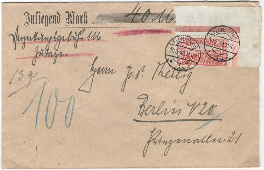 Schleswig (Schleswig)  1920 (10.2.) philatelic insured cover for 40M to Berlin bearing 10m corner marginal single franking tied Flensburg cds, arrival backstamp, attractive and scarce.